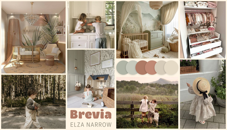 Moodboard met natuurlijke materialen, kinderinterieurs en outdoor